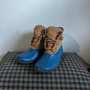 Sperry Top Sider Women Duck Boots Blue Waterproof Rubber Leather Lace Up Size 5
